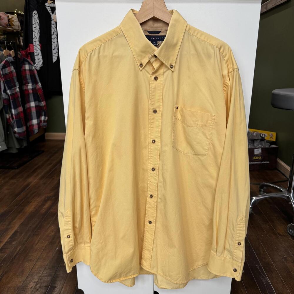 Tommy Hilfiger Men’s Yellow Dress Shirt Button Down Casual Size L 100% Cotton